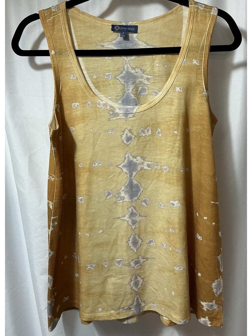 Democracy Women’s small Tank Top *FLAW Gold Abstract Print Boho Stretch layer